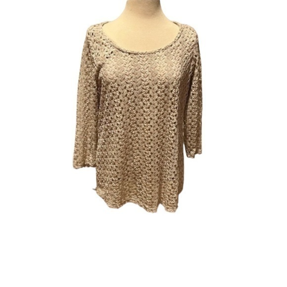 JM Collection Woman Champagne Gold‎ Crochet Knit 3/4 Sleeve Top Plus Size 1X #31